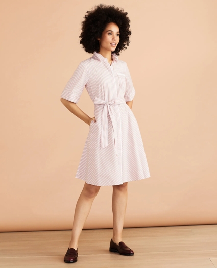 Striped Cotton Poplin Elbow-Sleeve Shirt Dress, image 1