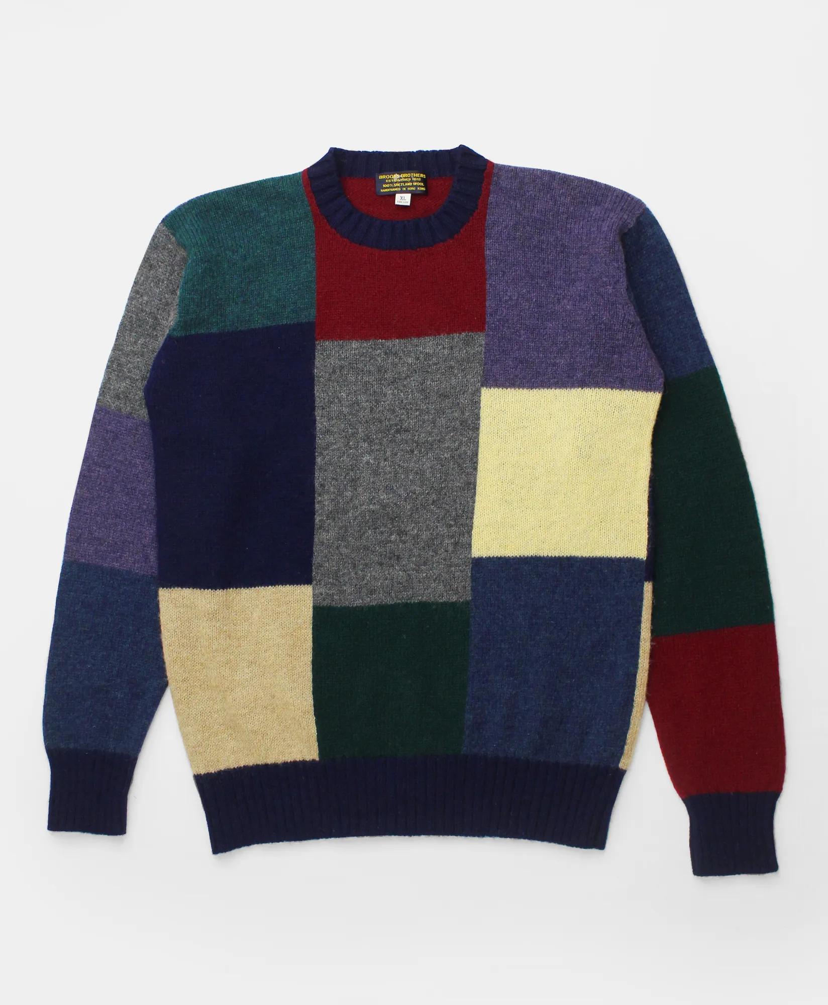 Vintage Brooks Brothers Faux Patchwork Intarsia Knit Shetland Sweater, 1990s, XL, image 1