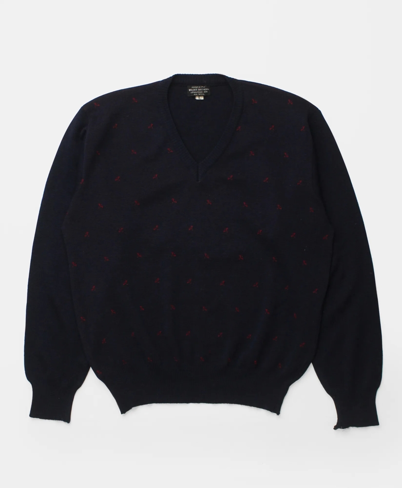 Vintage Brooks Brothers Bird Pattern Intarsia Knit Wool V-Neck Sweater, 1950s, L, image 1