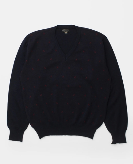 Vintage Brooks Brothers Bird Pattern Intarsia Knit Wool V-Neck Sweater, 1950s, L, image 1