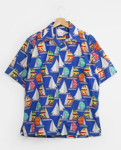 Vintage Sailboat Print Camp Collar Short-Sleeved Shirt, 1980s, S, image 1