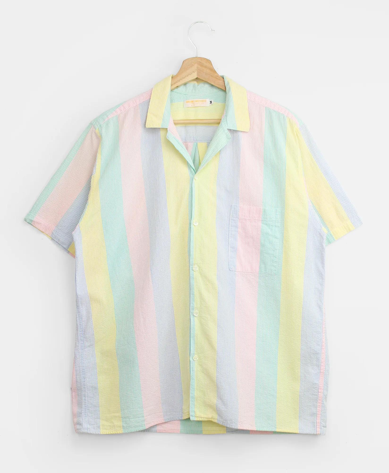 Vintage Multistripe Seersucker Camp Collar Short-Sleeved Shirt, 1980s, M, image 1