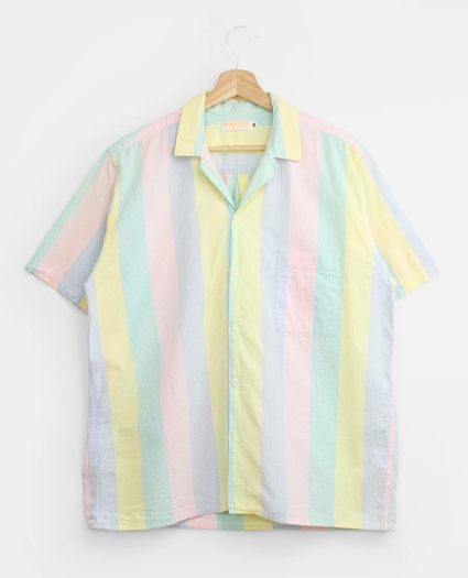 Vintage Multistripe Seersucker Camp Collar Short-Sleeved Shirt, 1980s, M, image 1