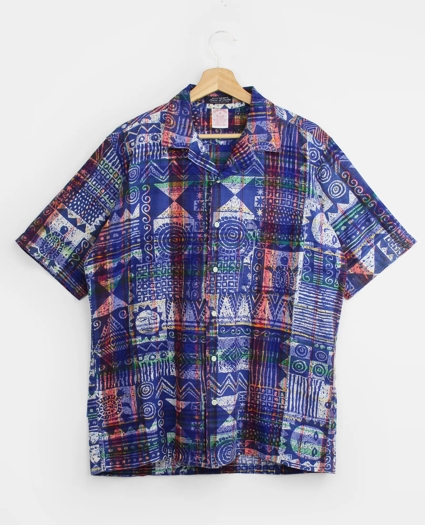 Vintage Block Print Madras Camp Collar Short-Sleeved Shirt, 1980s 1990s, M, image 1