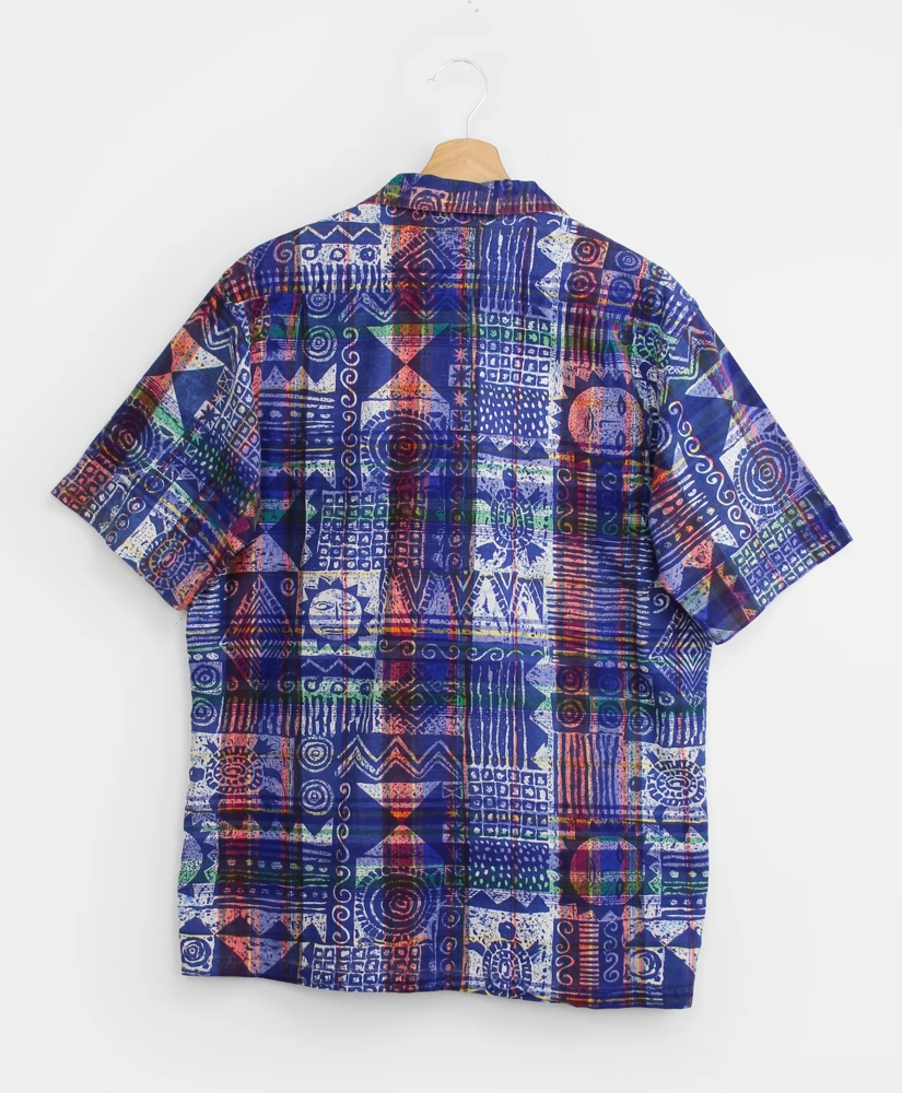 Vintage Block Print Madras Camp Collar Short-Sleeved Shirt, 1980s 1990s, M, image 2