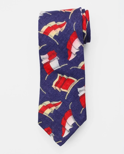 Vintage Sailing Flag Print Linen Tie, 1980s 1990s, image 1