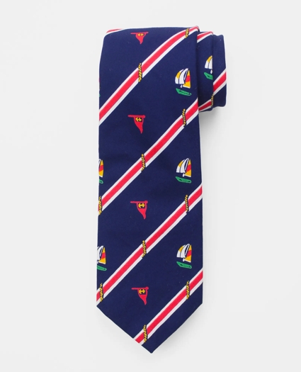 Vintage Sailing Print Striped Tie, 1980s, image 1