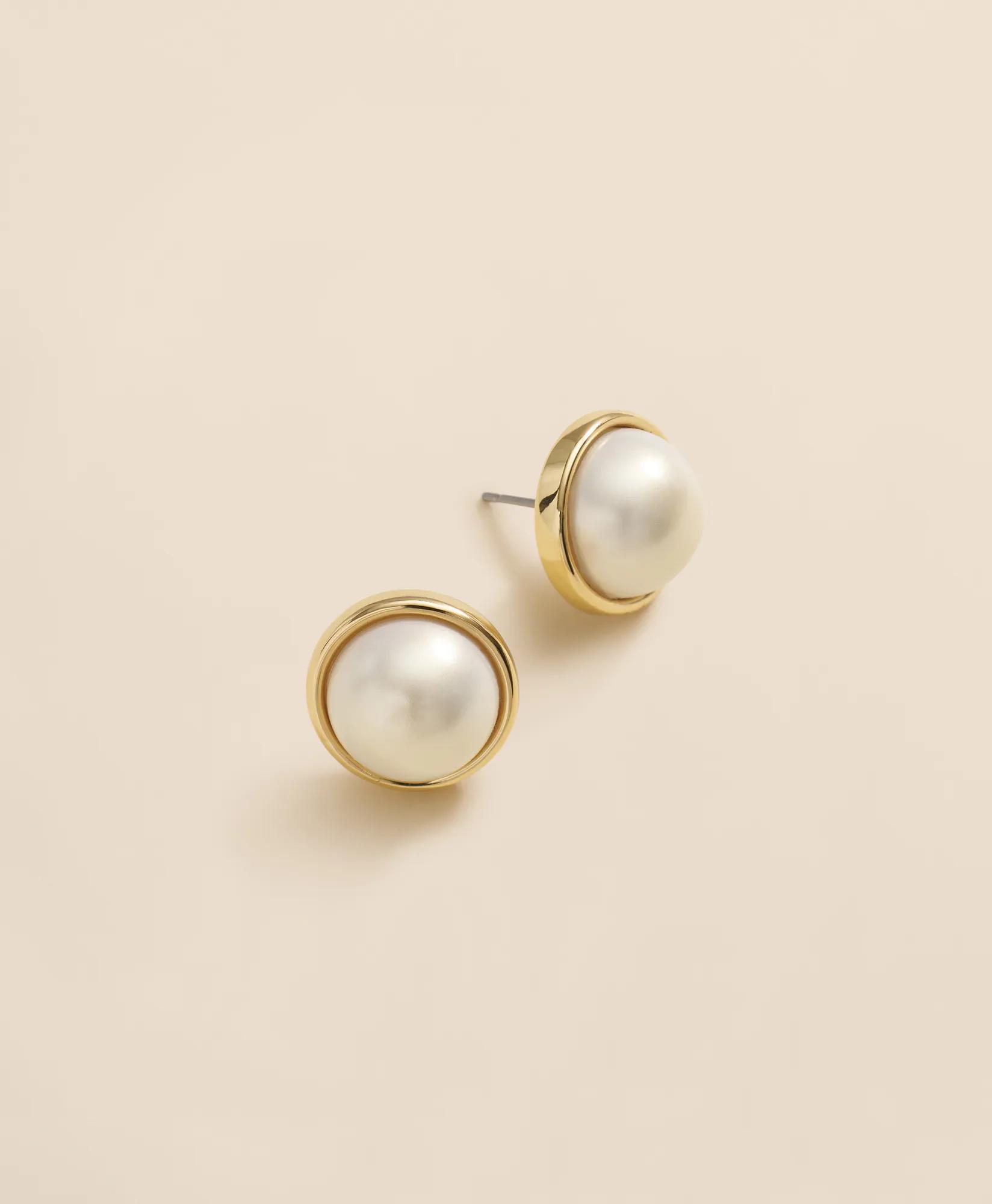 Faux-Pearl Gold-Plated Smooth Bezel Stud Earrings
