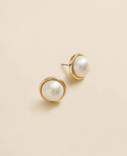 Faux-Pearl Gold-Plated Smooth Bezel Stud Earrings, image 1
