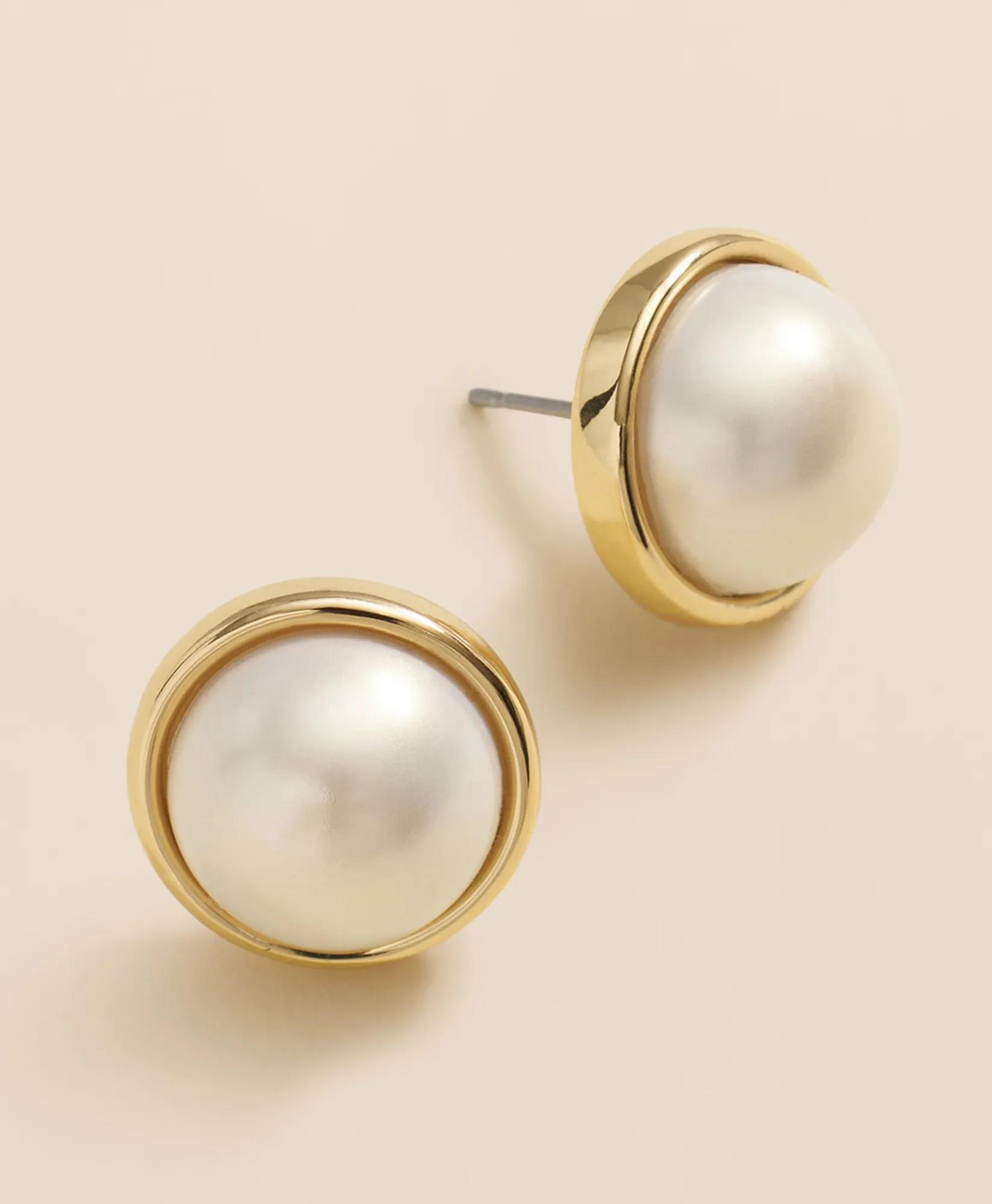 Faux-Pearl Gold-Plated Smooth Bezel Stud Earrings
