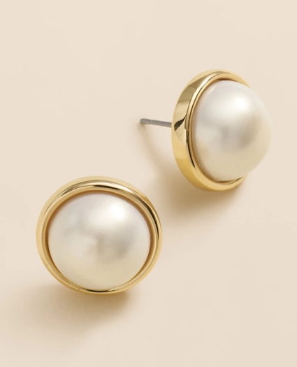 Faux-Pearl Gold-Plated Smooth Bezel Stud Earrings, image 2