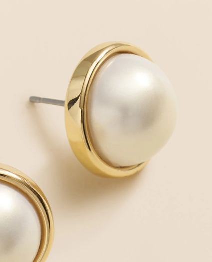 Faux-Pearl Gold-Plated Smooth Bezel Stud Earrings, image 3