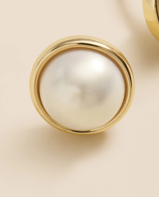 Faux-Pearl Gold-Plated Smooth Bezel Stud Earrings