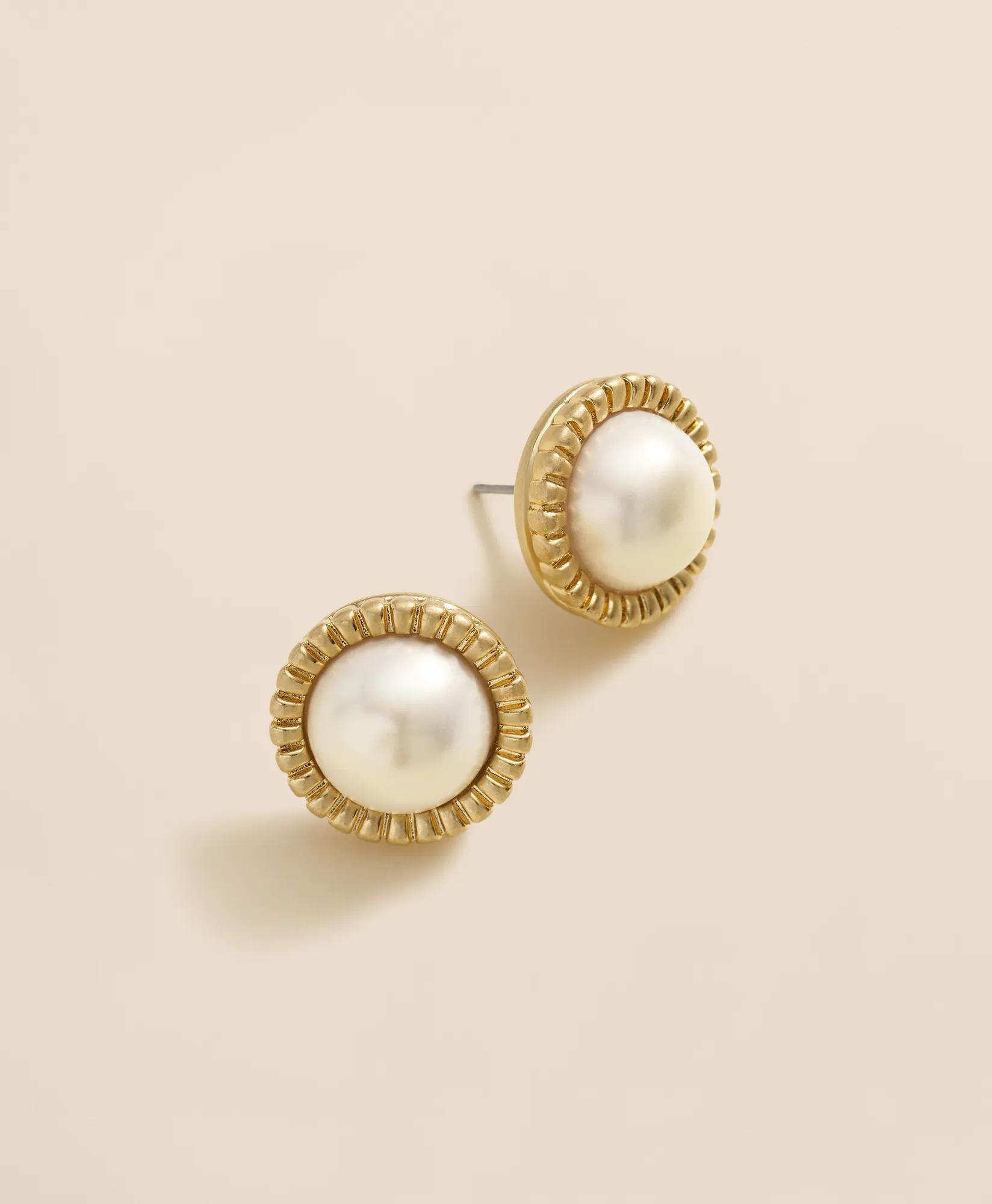 Bezel Frame Faux-Pearl Stud Earrings, image 1