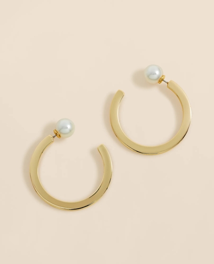 Large Gold-Plated Hoop Earrings with Faux-Pearl Back Closure, image 1
