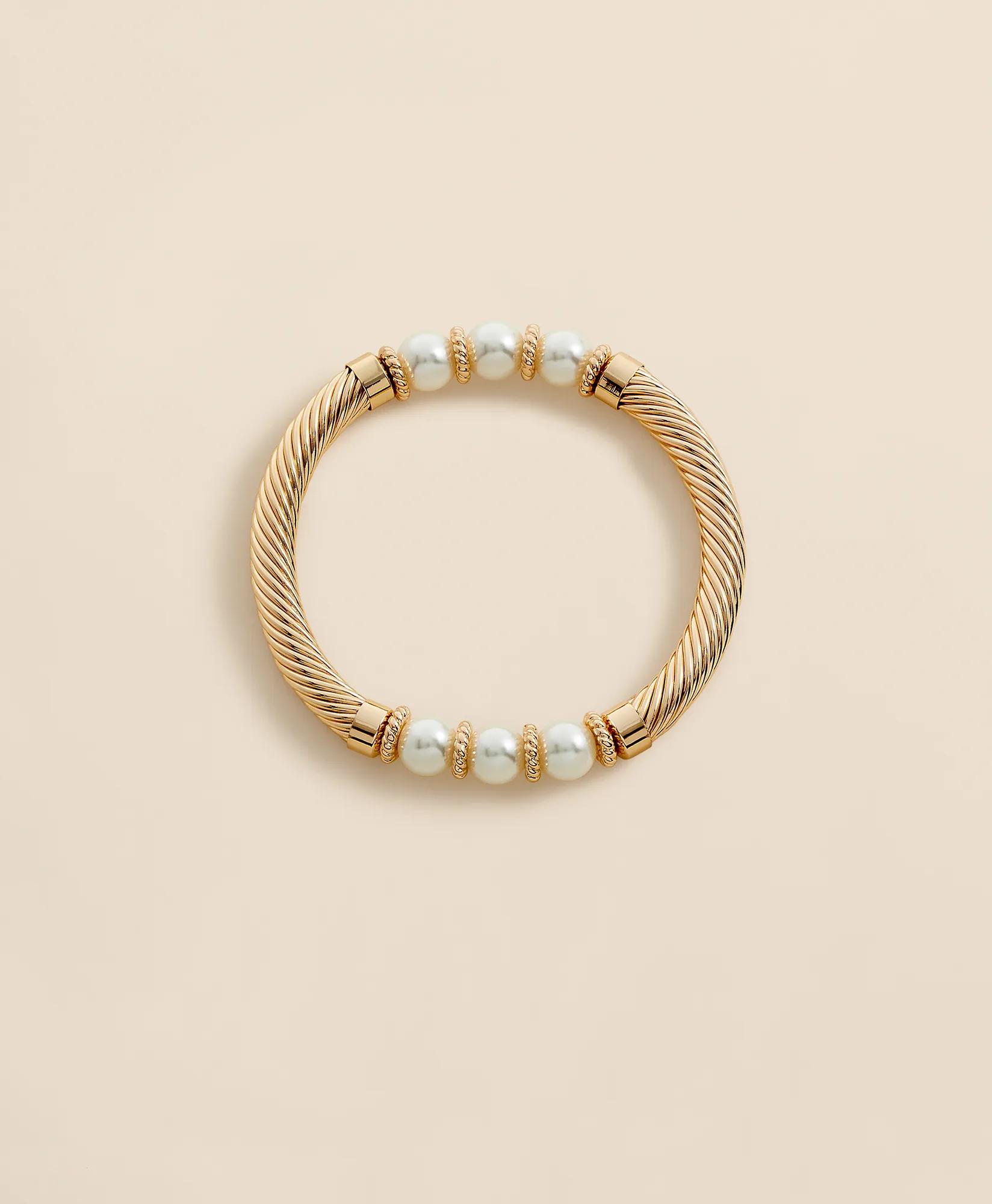 Stretch Faux-Pearl Bracelet with Gold-Plated Rope Detail, image 1