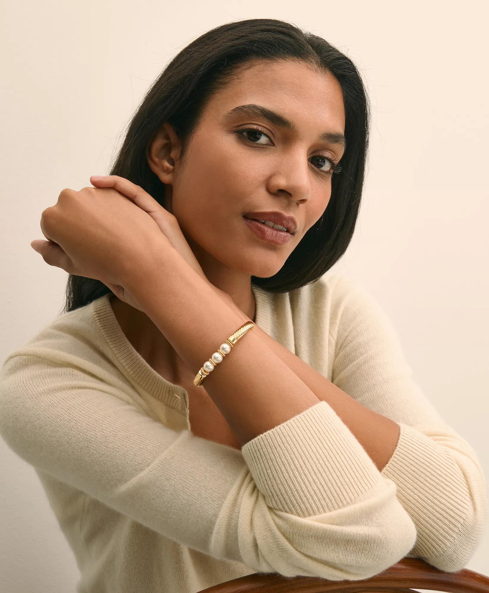 Stretch Faux-Pearl Bracelet with Gold-Plated Rope Detail, image 2