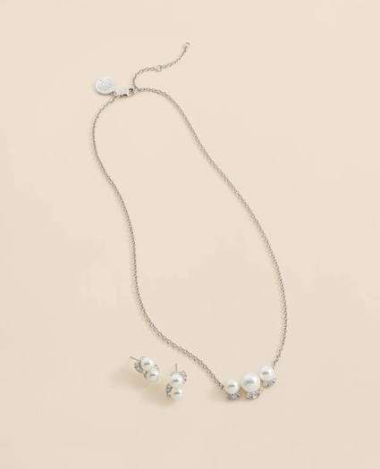 Faux Pearl Cubic-Zirconia Cluster Necklace and Earrings Set, image 1