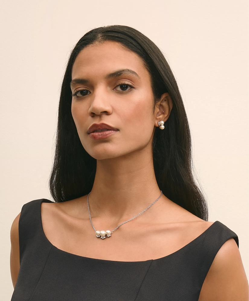 Faux Pearl Cubic-Zirconia Cluster Necklace and Earrings Set, image 3