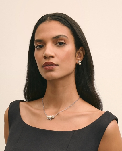 Faux Pearl Cubic-Zirconia Cluster Necklace and Earrings Set, image 3