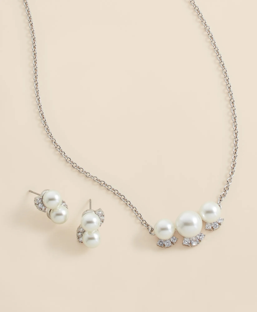 Faux Pearl Cubic-Zirconia Cluster Necklace and Earrings Set, image 4