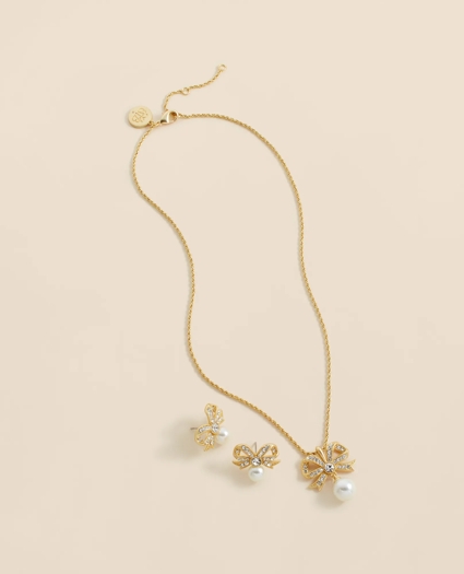 Faux Pearl & Crystal Pave Bow Pendant and Earrings Set, image 1