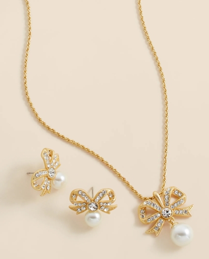 Faux Pearl & Crystal Pave Bow Pendant and Earrings Set, image 3