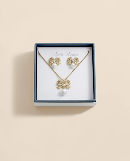 Faux Pearl & Crystal Pave Bow Pendant and Earrings Set, image 4