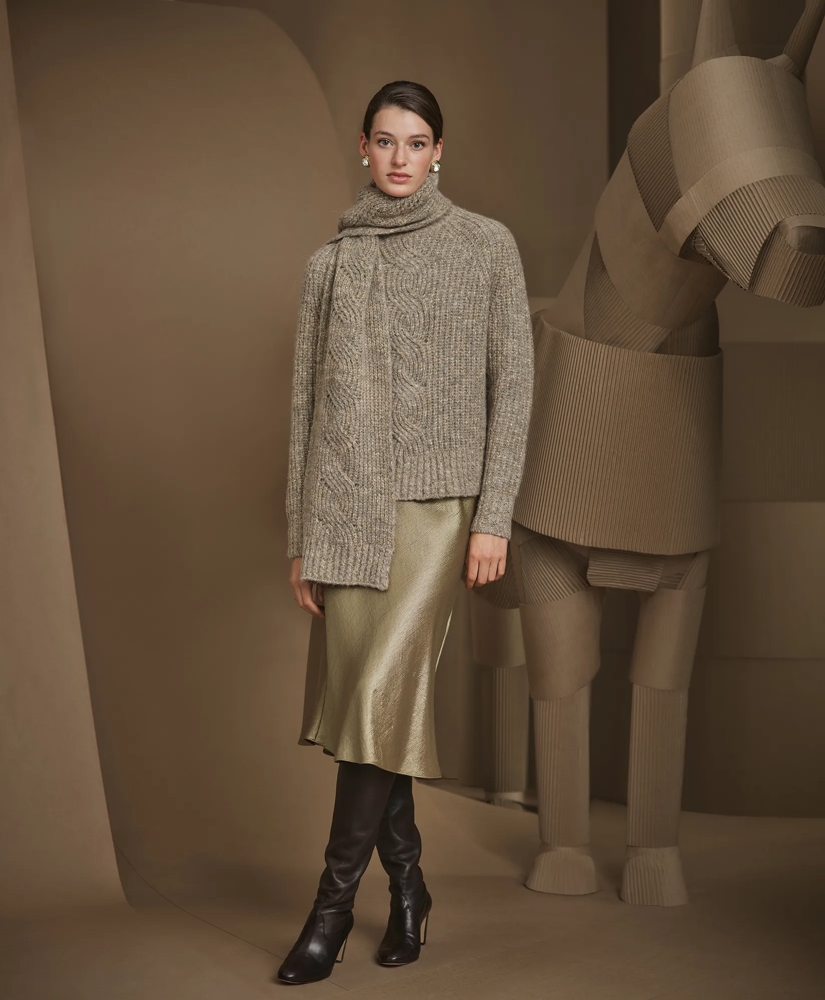 Alpaca-Cotton-Wool Blend Cable Knit Wrap Scarf