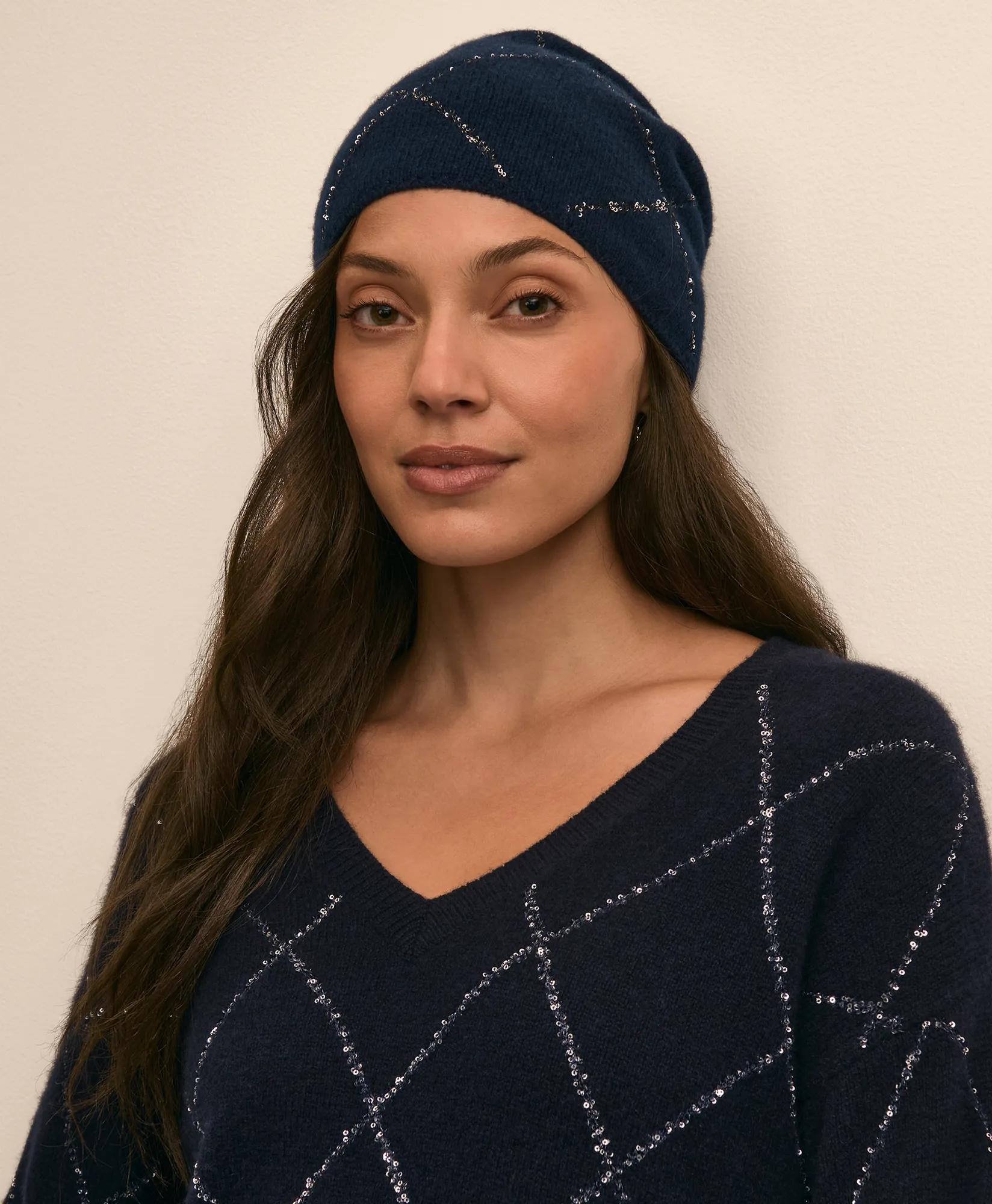Wool-Cashmere Beaded-Argyle Beanie Hat, image 1