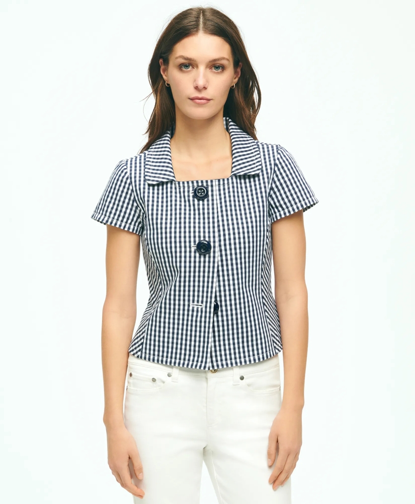 Short Sleeve Gingham Jacket In Bi-Stretch Cotton, image 3