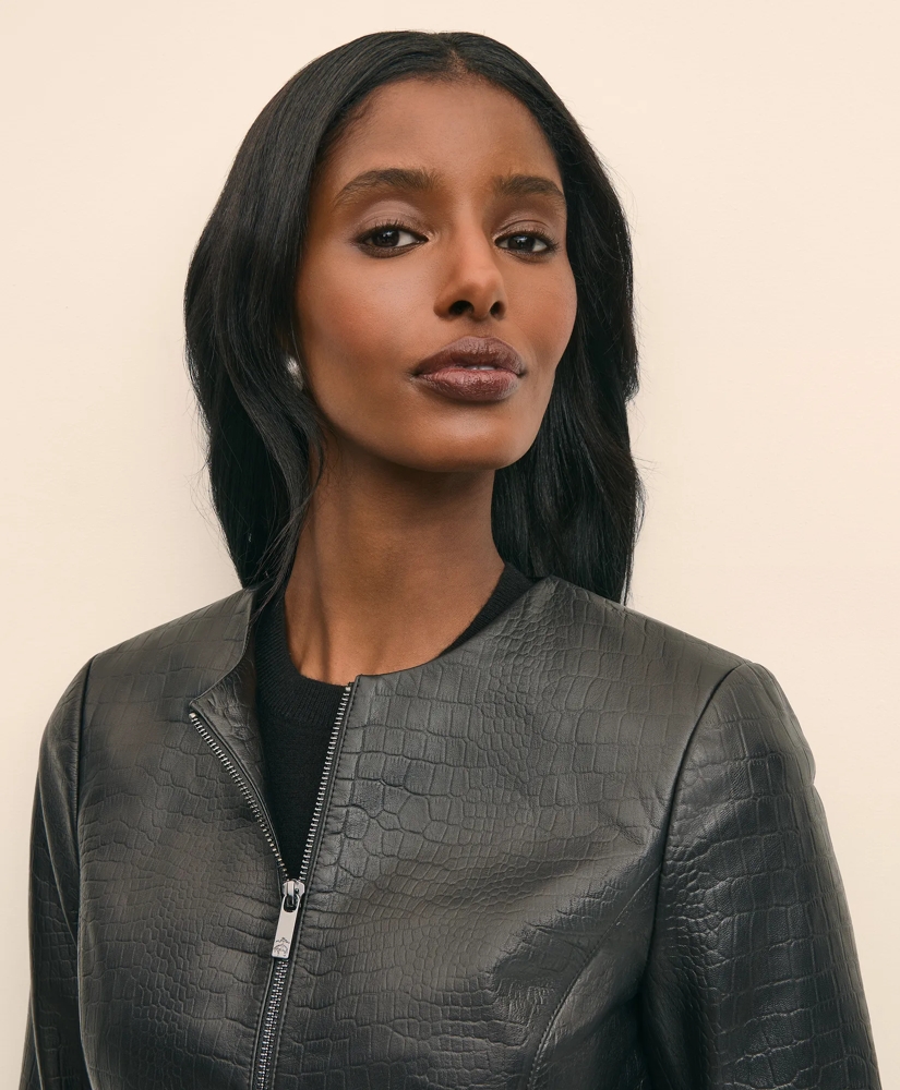 Leather Croc-Embossed Jacket, image 3