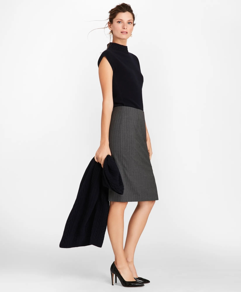 Pinstripe Stretch Wool Faux Wrap Skirt, image 3