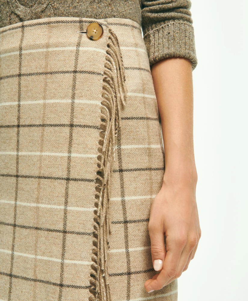 Wool Blend Windowpane Fringed Wrap Skirt