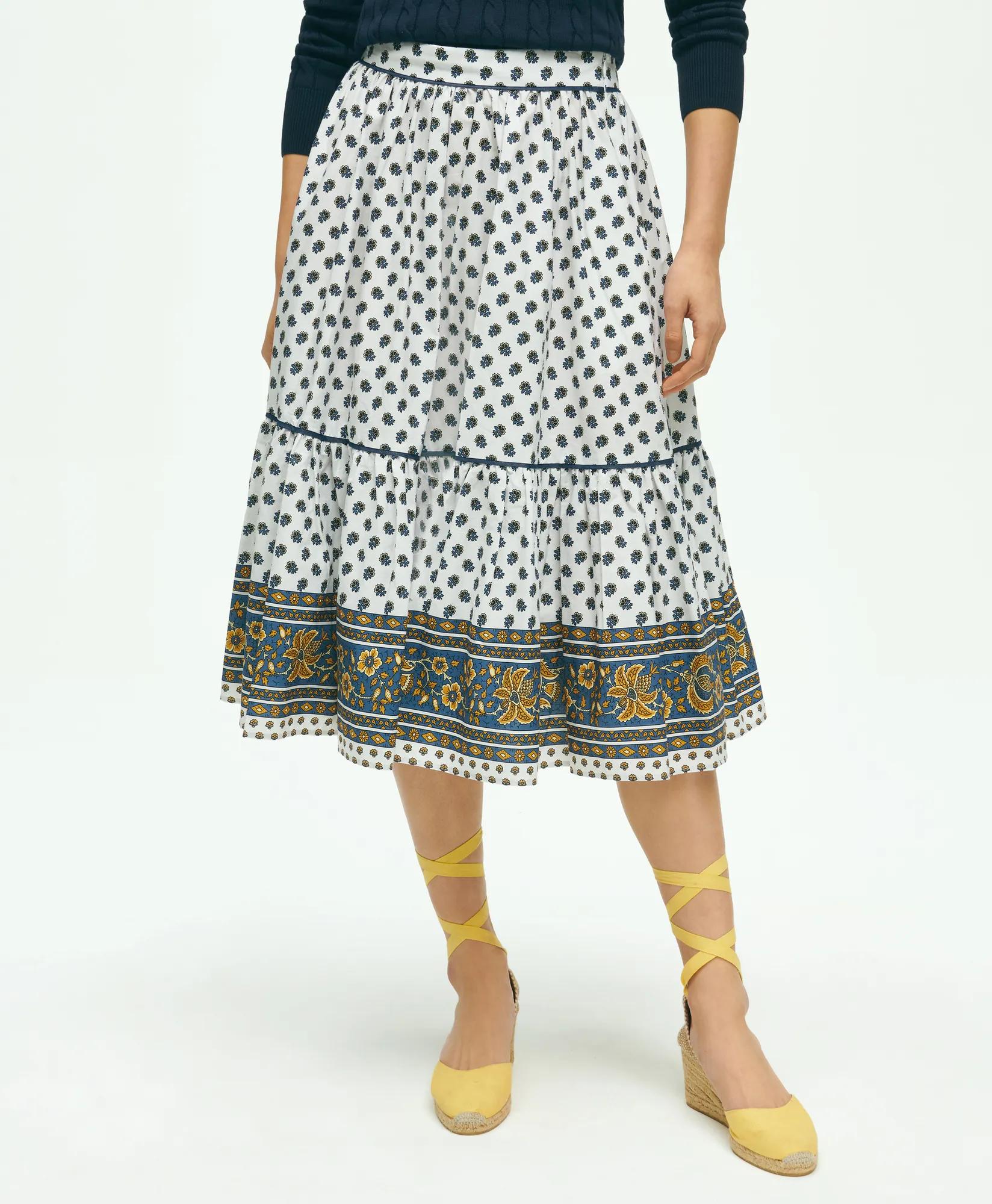 Floral Paisley A-Line Tiered Skirt In Cotton