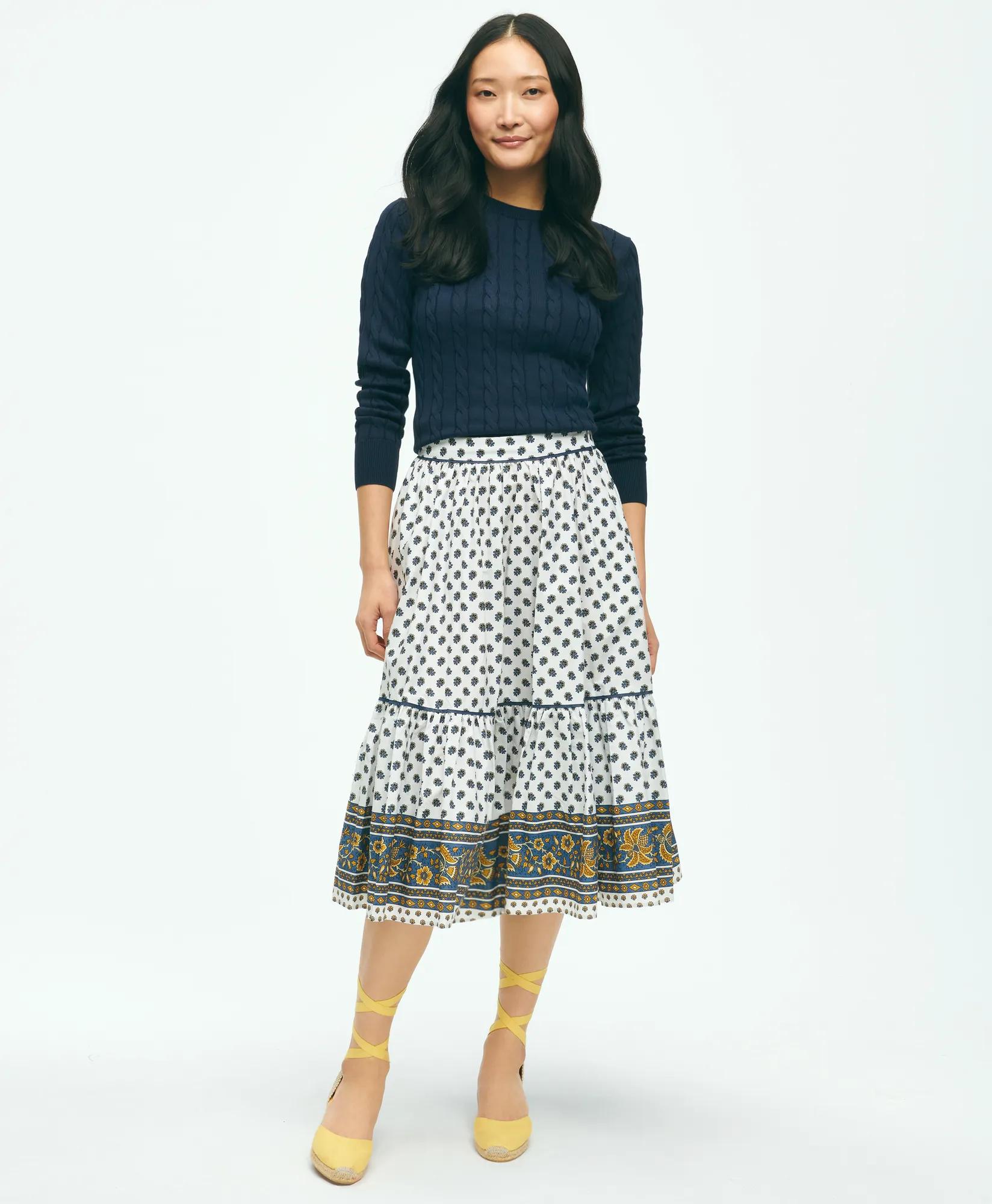 Floral Paisley A-Line Tiered Skirt In Cotton