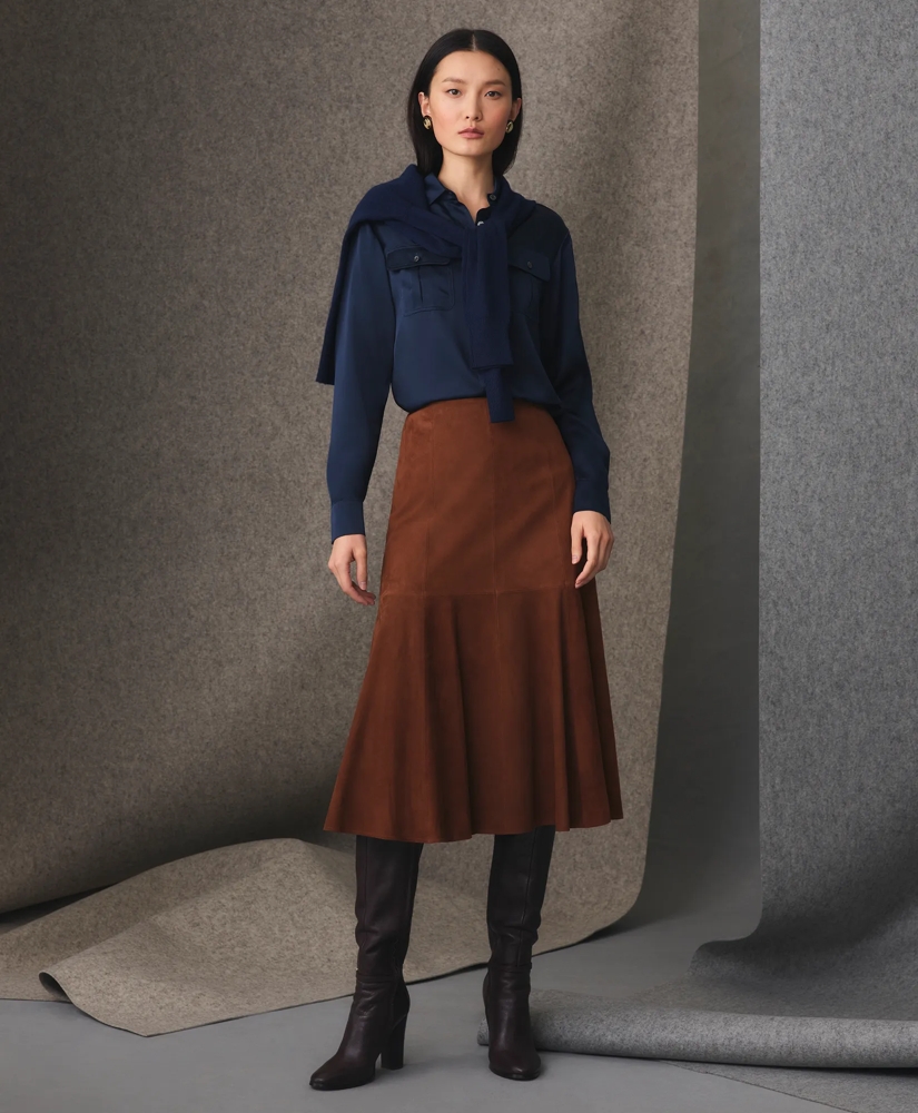 Fluted Hem Skirt in Suede, image 2