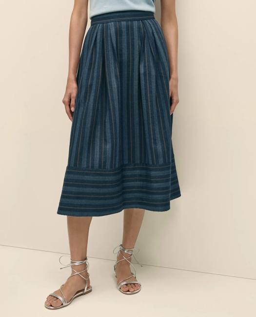 Linen-Cotton Striped Jacquard Pleated Skirt