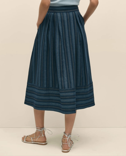 Linen-Cotton Striped Jacquard Pleated Skirt