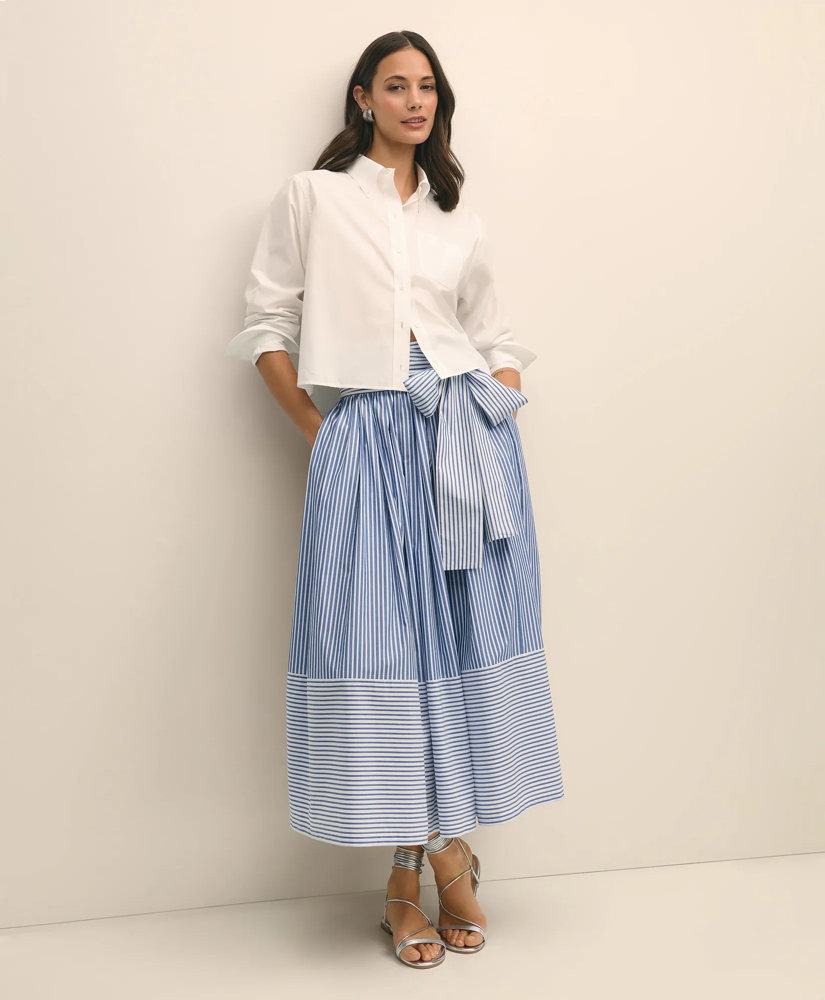 Bow Waist Pleated Maxi Skirt Striped Cotton
