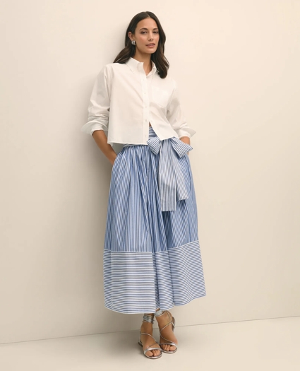 Bow Waist Pleated Maxi Skirt in Striped Cotton, image 1