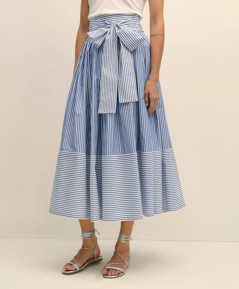 Bow Waist Pleated Maxi Skirt in Striped Cotton, image 2