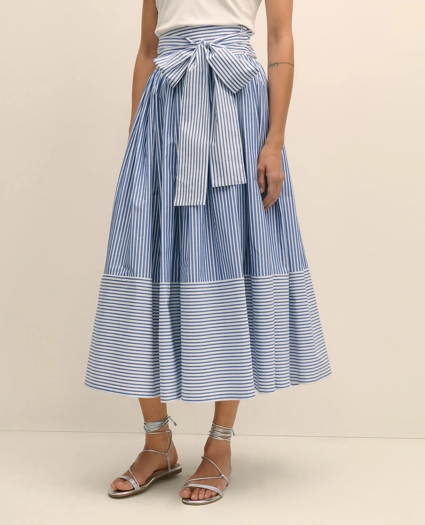 Bow Waist Pleated Maxi Skirt in Striped Cotton, image 2