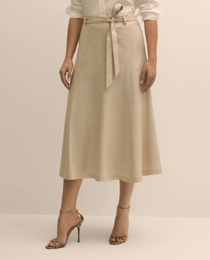 Linen-Blend Belted A-Line Skirt, image 2