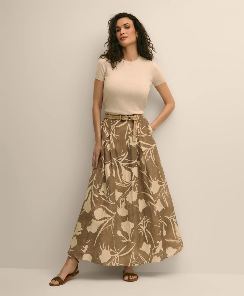 Linen-Blend Pleated Floral A-Line Skirt, image 1