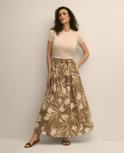 Linen-Blend Pleated Floral A-Line Skirt, image 1