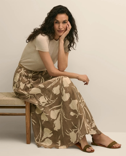 Linen-Blend Pleated Floral A-Line Skirt, image 2