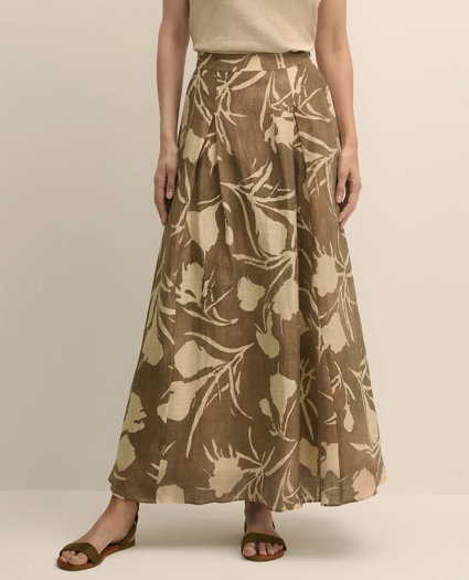Linen-Blend Pleated Floral A-Line Skirt, image 3