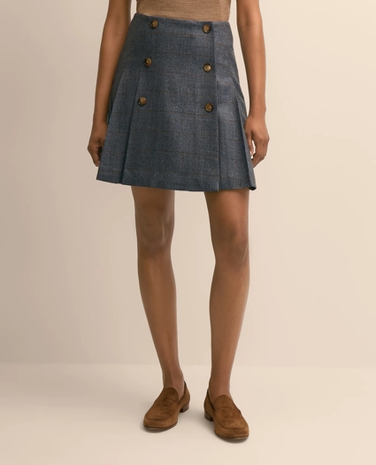 Wool Plaid Button-Front Pleated Skirt, image 2