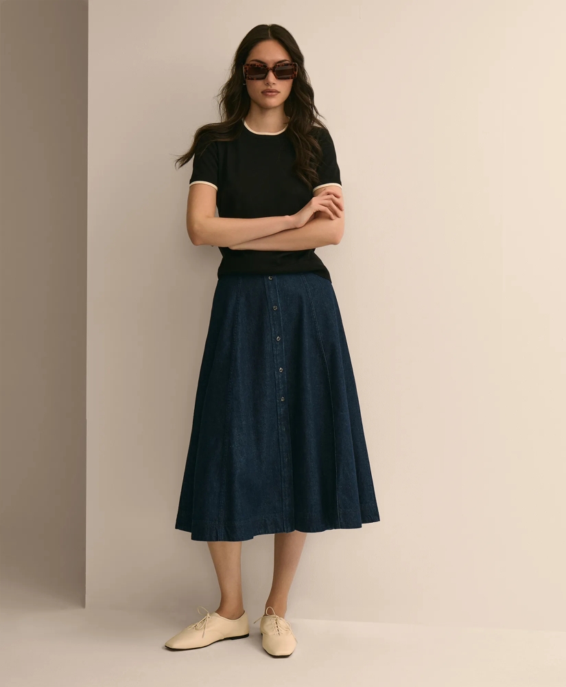 Cotton Denim Button-Front A-Line Skirt, image 1